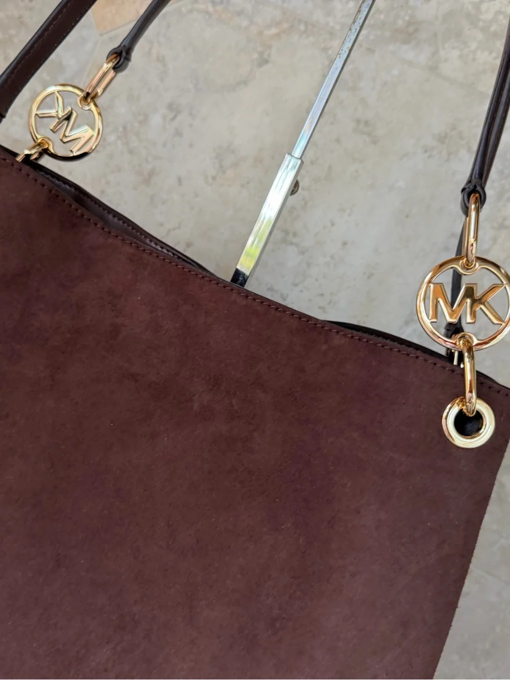 Michael Kors Christina LG MK Logo Chain Shoulder Tote Bag Dark Brown
